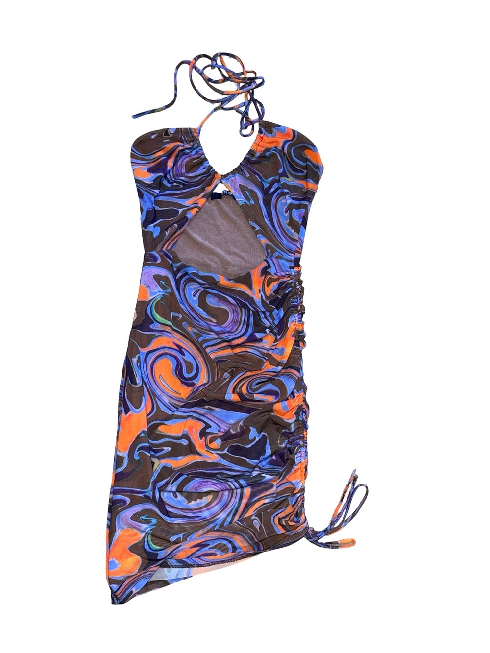 Miss Lola Marble Print Halter Mini Dress - Blue/Orange Cutout Bodycon size S